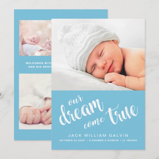Onze droom komt uit True Photo Sweet Blue Boy Birt Aankondiging (Voorkant / Achterkant)