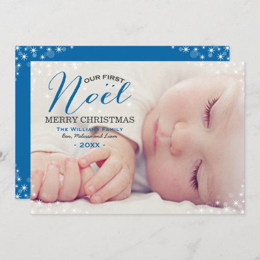 Onze eerste blauw foto-overlay baby's eerst feestdagenkaart (Voorkant / Achterkant)