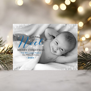 Onze eerste blauw foto-overlay baby's eerst feestdagenkaart