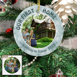 Onze eerste Blauwgroen en witte sneeuwvlokken, twe Keramisch Ornament