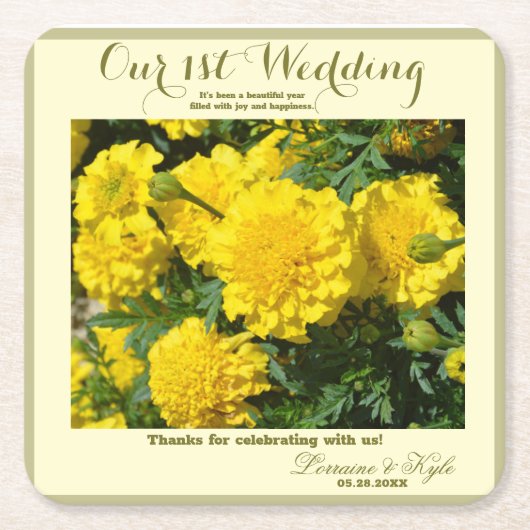 Onze eerste bruiloft Jubileum gele anjer Kartonnen Onderzetters (Voorkant)
