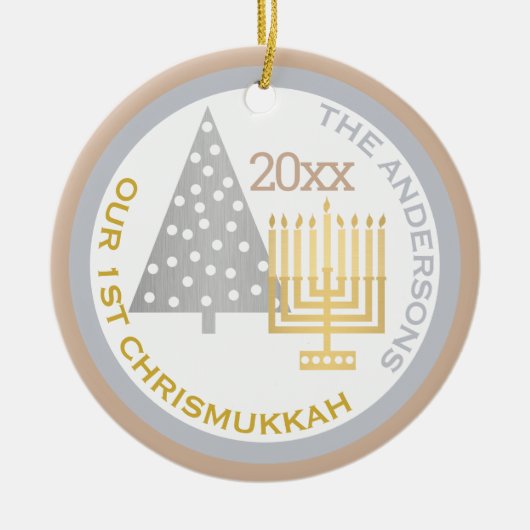 Onze eerste Chrismukkah Tree Menorah Keepomwille F Keramisch Ornament (Voorkant)