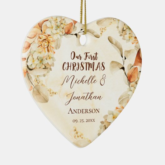 Onze eerste CHRISTMAS herfst Floral Heart Keramisch Ornament (Rechts)