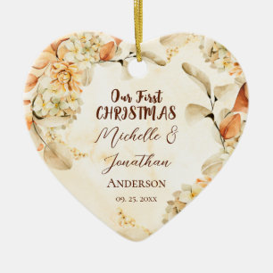 Onze eerste CHRISTMAS herfst Floral Heart Keramisch Ornament