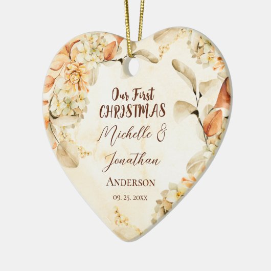 Onze eerste CHRISTMAS herfst Floral Heart Keramisch Ornament (Links)
