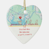Onze eerste date gepersonaliseerde kaart koppels h keramisch ornament (Rechts)