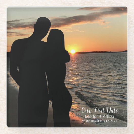 Onze eerste date, paar aangepaste trouwfotografie glazen onderzetter (Voorkant)