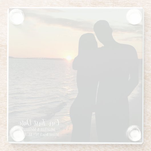 Onze eerste date, paar aangepaste trouwfotografie glazen onderzetter (Achterkant)