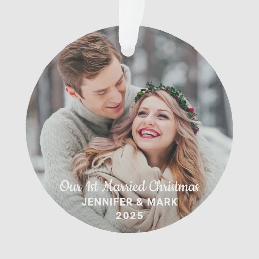 Onze eerste gehuwde kerstfoto Moderne bruiloft fot Ornament (voorkant)