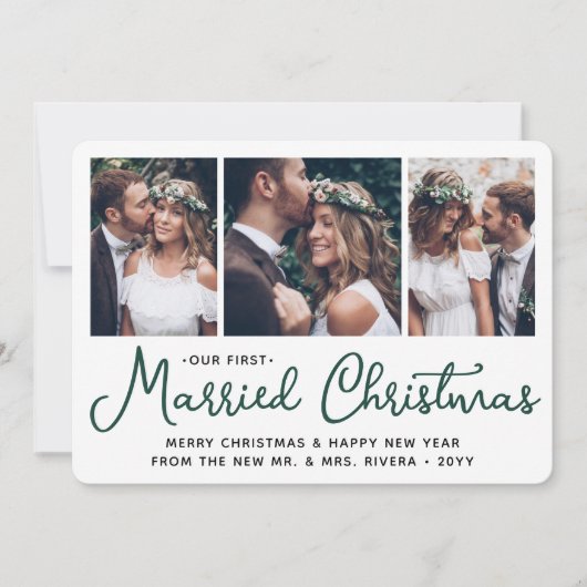 Onze eerste getrouwde kerst 3 bruiloft foto's groe feestdagenkaart (Voorkant)