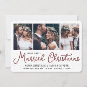 Onze eerste getrouwde kerst 3 bruiloft foto's rood feestdagenkaart (Voorkant)