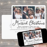Onze eerste getrouwde kerst bruiloft fotocollage feestdagenkaart<br><div class="desc">Verstuur vrolijke vakantiewensen als nieuwe Mr. En Mrs. Viel het huwelijk als een pasgeboren huwelijk aan en deel drie van je favoriete bruiloft afbeeldingen met een stijlvolle aangepaste fotocollage "Ons eerste gehuwde kerstfeest". Alle tekst op deze sjabloon is eenvoudig te personaliseren om alle formuleringen op te nemen, zoals Merry and...</div>