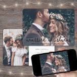 Onze eerste getrouwde Kerst Eenvoudige Trouwfoto's Feestdagenkaart<br><div class="desc">Verstuur vrolijke vakantiewensen als nieuwe Mr. En Mrs. Viel het huwelijk als een pasgeboren huwelijk aan en deel twee van je favoriete bruiloft afbeeldingen met een stijlvolle aangepaste foto "Ons eerste gehuwde kerstfeest". Alle tekst op deze sjabloon is eenvoudig te personaliseren om alle formuleringen op te nemen, zoals Merry and...</div>