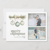 Onze eerste getrouwde kerstdennen Ornament 2 foto Feestdagenkaart (Voorkant)