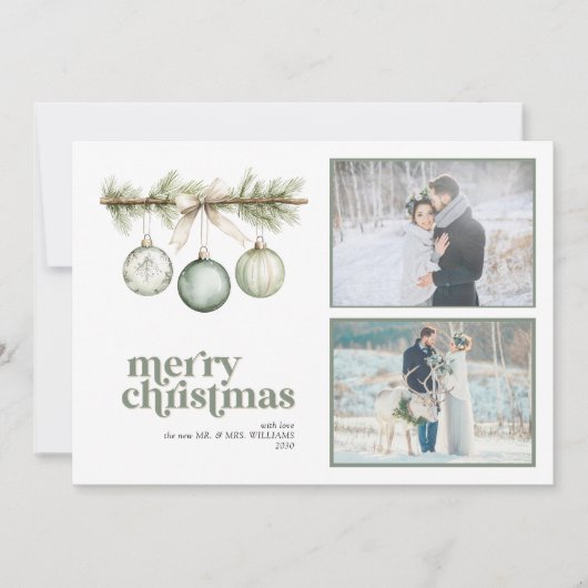 Onze eerste getrouwde kerstdennen Ornament 2 foto Feestdagenkaart (Voorkant)