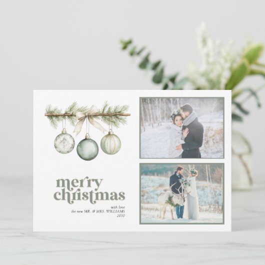 Onze eerste getrouwde kerstdennen Ornament 2 foto Feestdagenkaart (Staand voorkant)