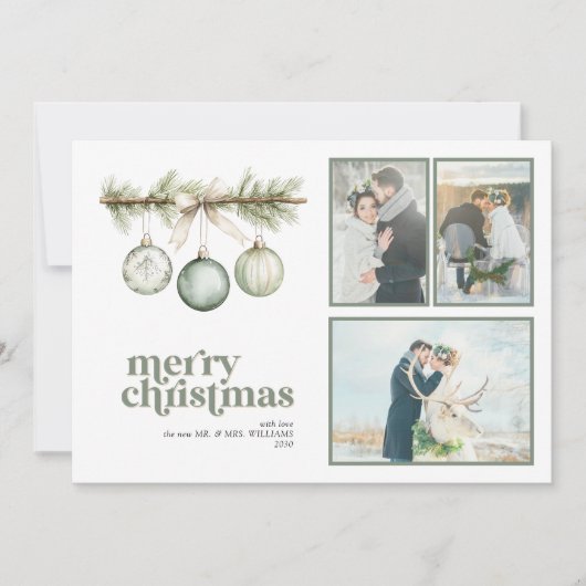 Onze eerste getrouwde kerstdennen Ornament 3 foto Feestdagenkaart (Voorkant)