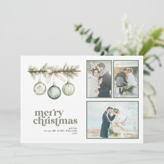 Onze eerste getrouwde kerstdennen Ornament 3 foto Feestdagenkaart (Staand voorkant)