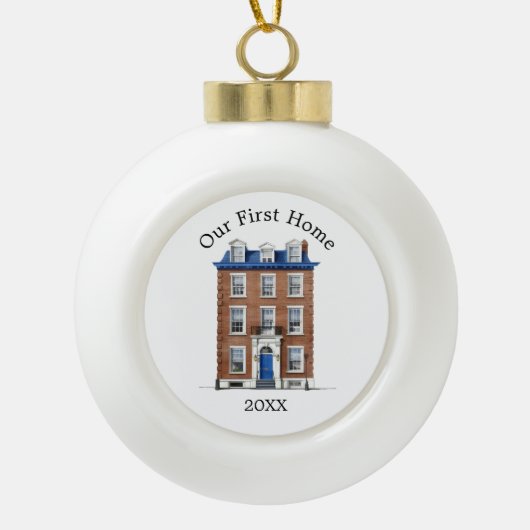 Onze eerste huis koloniale bakstenen herenhuis bla keramische bal ornament (Voorkant)