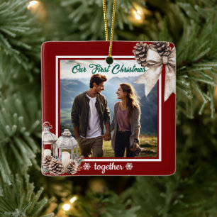 Onze eerste kerst 1 foto Snow Pine Cones Keramisch Ornament