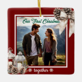 Onze eerste kerst 1 foto Snow Pine Cones Keramisch Ornament (Voorkant)