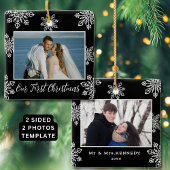 Onze eerste kerst 2 foto witte sneeuwvlokken zwart keramisch ornament