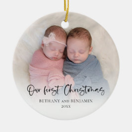 Onze eerste kerst 2 foto's script tweeling baby Ce Keramisch Ornament