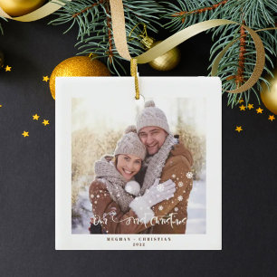 Onze eerste kerst 2-zijdige foto vakantie keramisch ornament