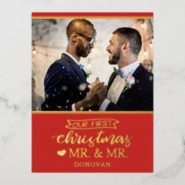 Onze eerste kerst als de heren pasgetrouwden goud folie feestdagen briefkaart