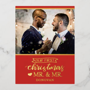 Onze eerste kerst als de heren pasgetrouwden goud folie feestdagen briefkaart