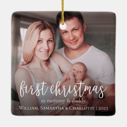 Onze eerste kerst als een familie van 3 foto keramisch ornament (Achterkant)