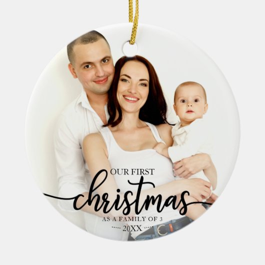 Onze eerste kerst als familie van 3 elegante foto keramisch ornament (Voorkant)