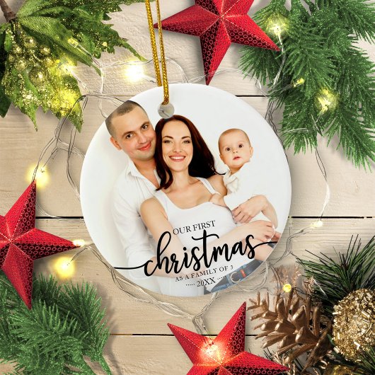 Onze eerste kerst als familie van 3 elegante foto keramisch ornament