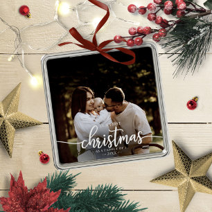 Onze eerste kerst als familie van 3 elegante foto metalen ornament