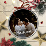 Onze eerste kerst als familie van 3 elegante foto metalen ornament<br><div class="desc">Onze eerste kerst als familie van 3 elegante fotoversiering</div>