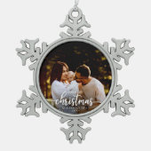 Onze eerste kerst als familie van 3 elegante foto tin sneeuwvlok ornament (Voorkant)