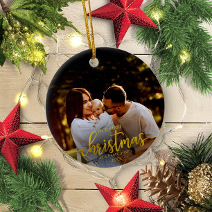 Onze eerste kerst als familie van 3 gouden olie keramisch ornament