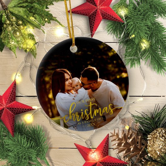 Onze eerste kerst als familie van 3 gouden olie keramisch ornament