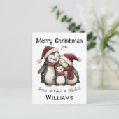 Onze eerste kerst als familie van drie pinguïns briefkaart (Staand voorkant)