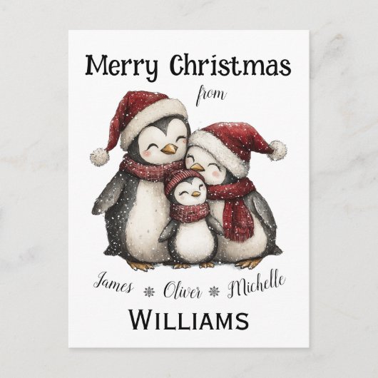 Onze eerste kerst als familie van drie pinguïns briefkaart (Voorkant)
