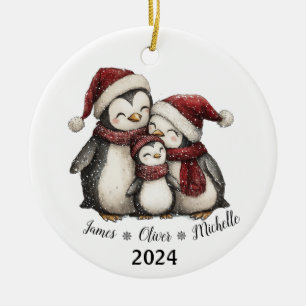 Onze eerste kerst als familie van drie pinguïns keramisch ornament