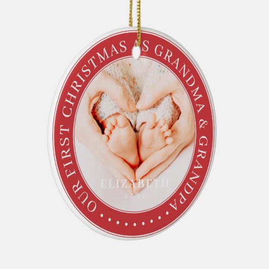 Onze eerste kerst als grootmoeder en opa simpel keramisch ornament (Rechts)