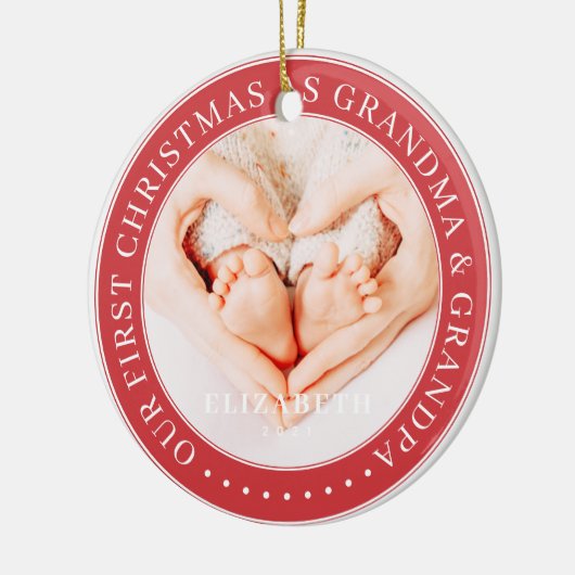 Onze eerste kerst als grootmoeder en opa simpel keramisch ornament (Links)