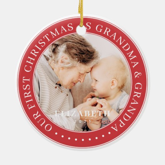 Onze eerste kerst als grootmoeder en opa simpel keramisch ornament (Achterkant)