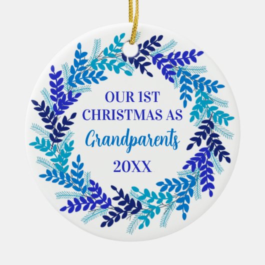 Onze eerste kerst als grootouders Blue Wreate Keramisch Ornament (Voorkant)