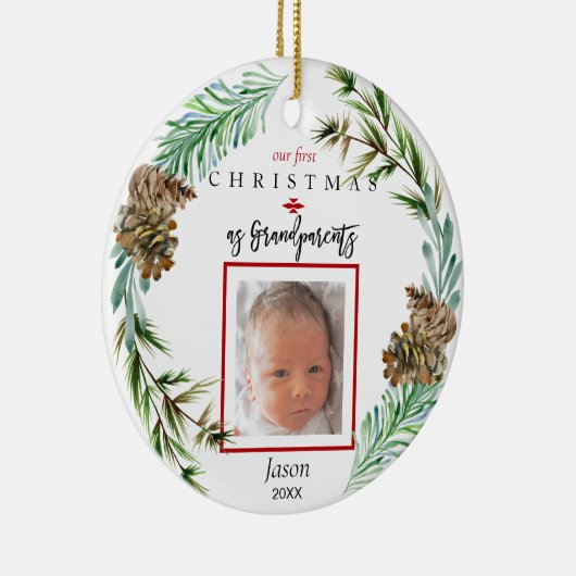 Onze eerste kerst als grootouders - Kindernaam Fot Keramisch Ornament (Rechts)