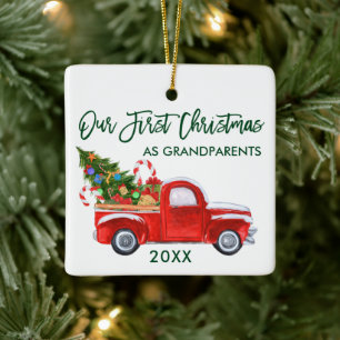 Onze eerste kerst als grootouders vrachtwagen boom keramisch ornament