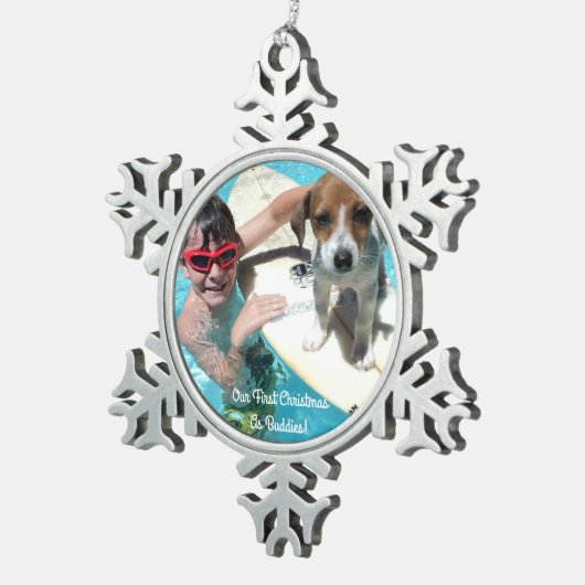 Onze eerste kerst als kerstversiering in boeddies tin sneeuwvlok ornament (Rechts)