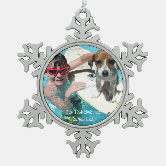 Onze eerste kerst als kerstversiering in boeddies tin sneeuwvlok ornament (Voorkant)