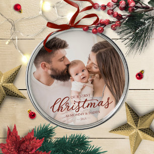 Onze eerste kerst als mama en papa babyfoto metalen ornament